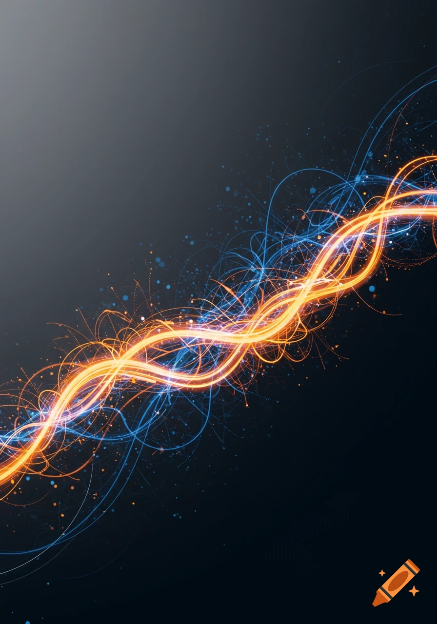 Abstract glowing orange and blue light waves on a dark background, representing technology or data.