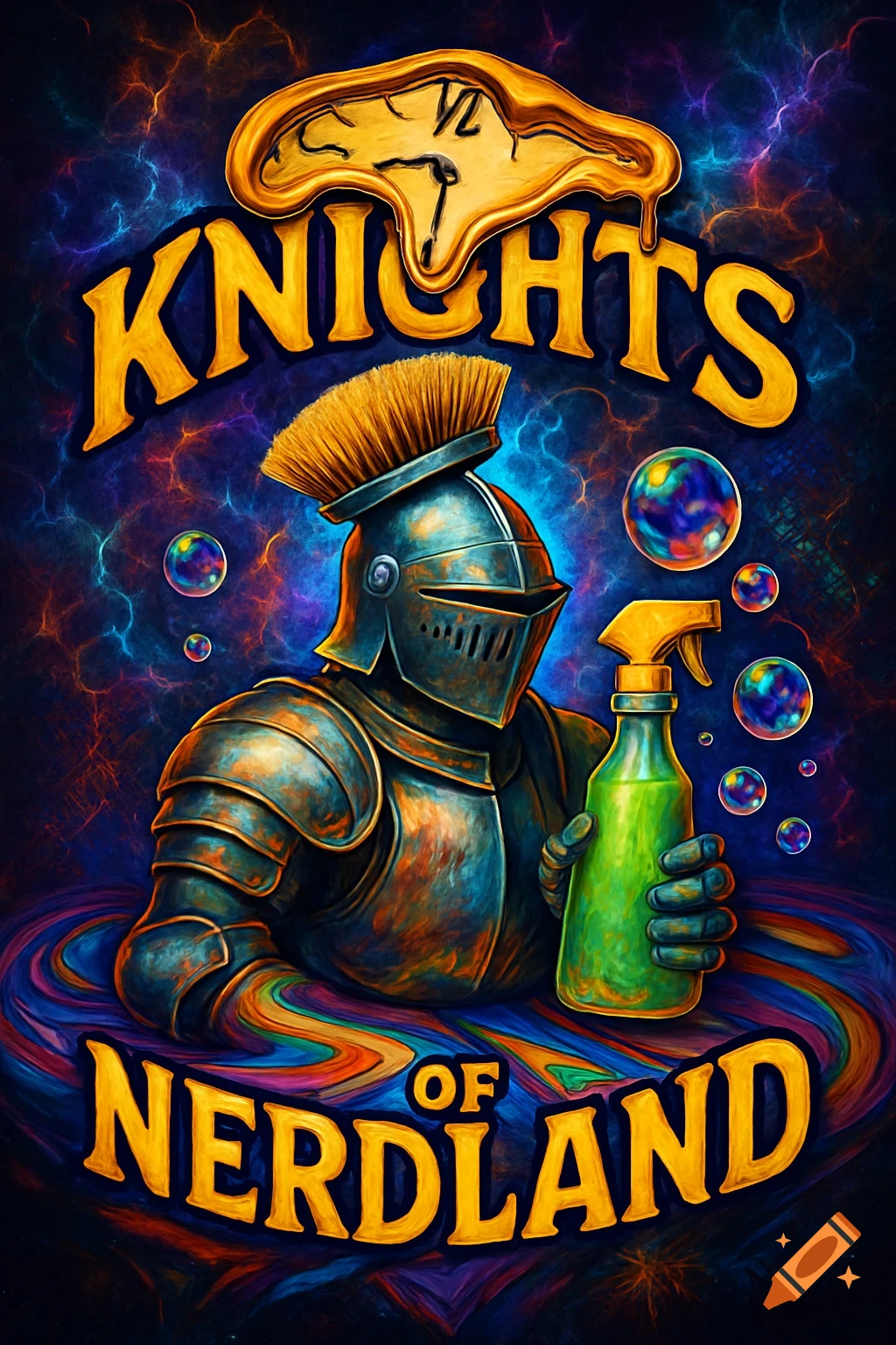 A knight in armor with a brush plume holds a spray bottle against a vibrant, psychedelic background with a melting clock. Text reads 'Knights of Nerdland'.
