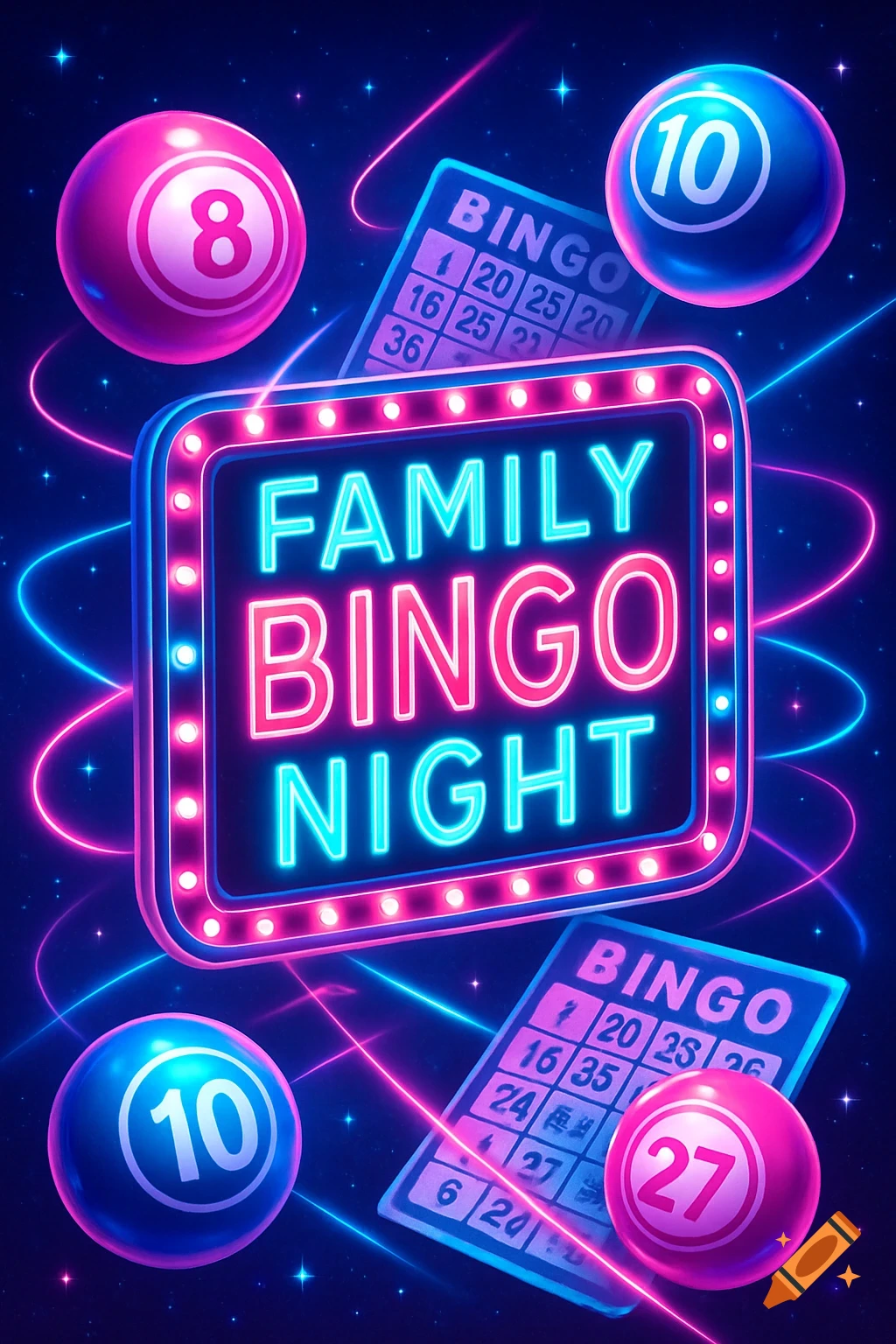 A colorful, neon-lit illustration for a family bingo night, featuring bingo balls, cards, and a bright sign.