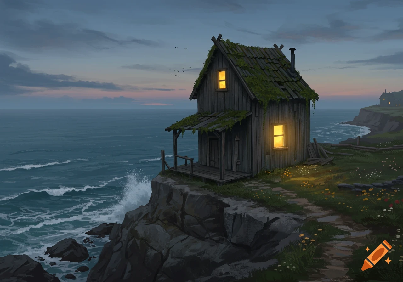 An old wooden cottage with glowing windows stands on a rocky cliff overlooking a wavy ocean at dusk, in an artistic style.