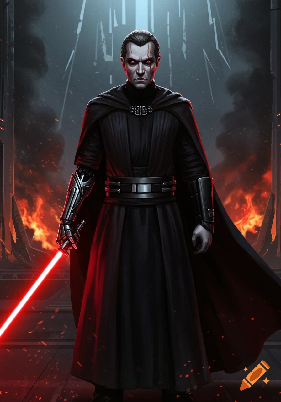 A dark lord-like figure with a cybernetic arm, red eyes, and a scar on his face, holding a red lightsaber amidst flames.