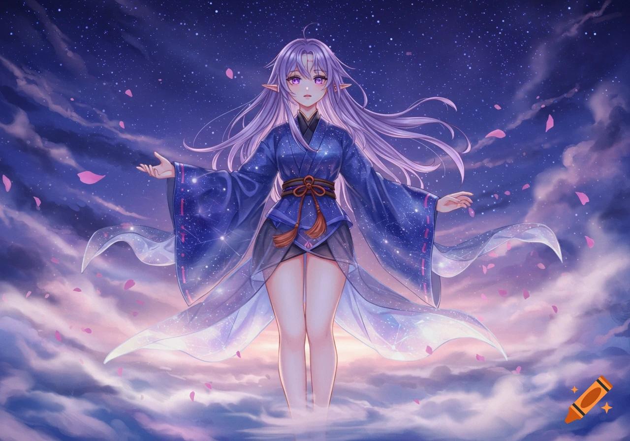 An anime elf girl with purple hair and pointed ears wears a starry blue kimono, standing in a cosmic sky with clouds and pink petals.