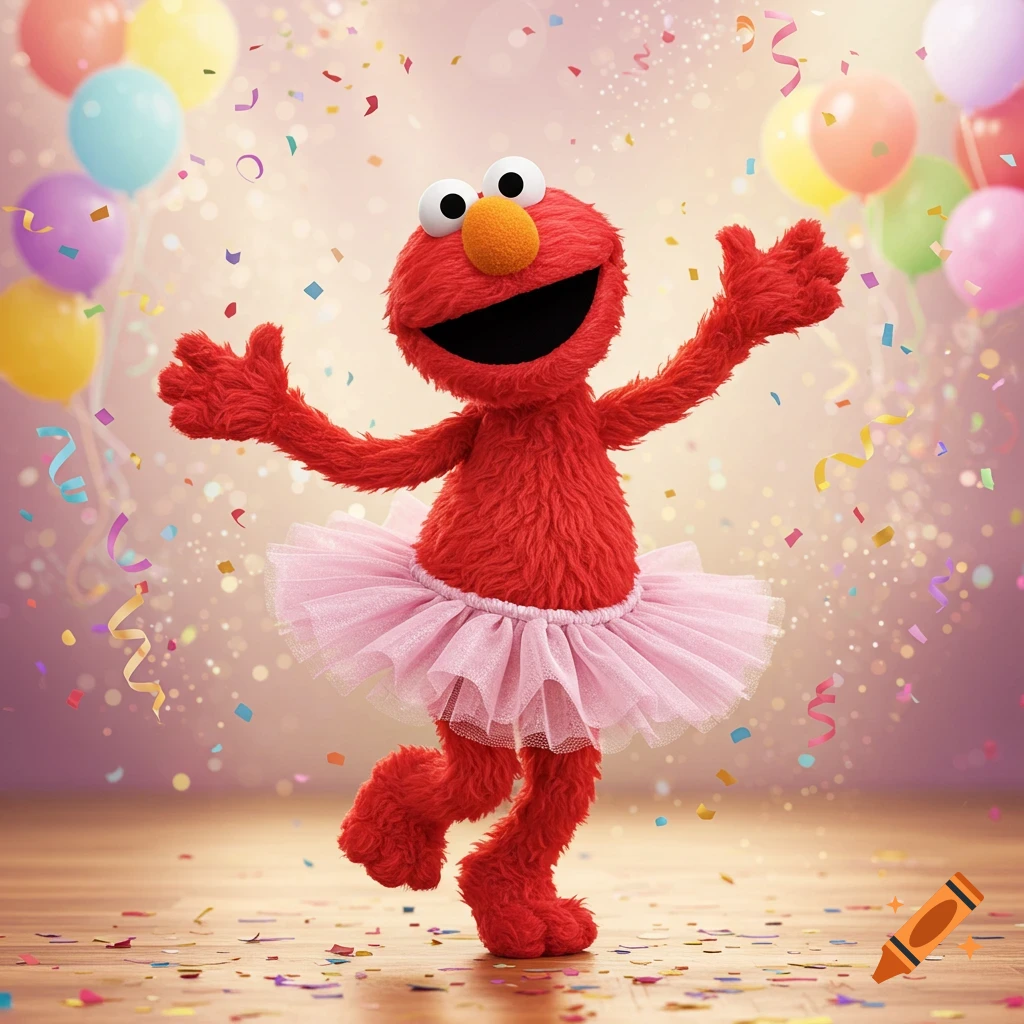 Elmo in a pink tutu dances happily amidst colorful confetti and balloons, celebrating on a wooden floor.