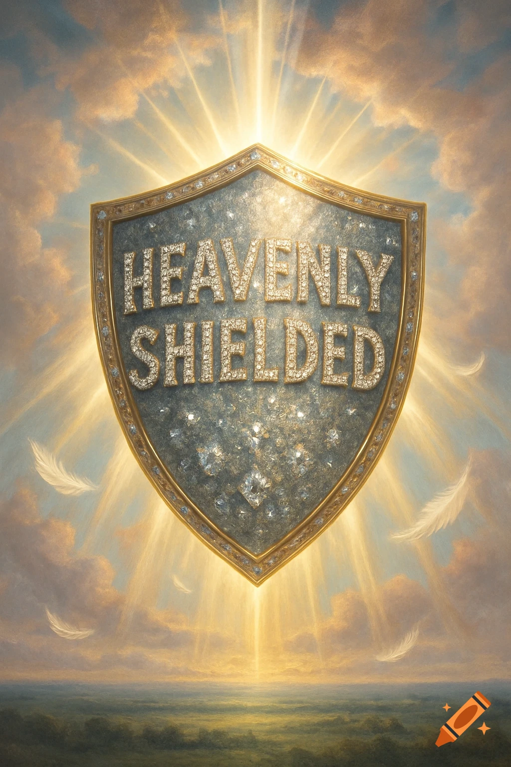 A majestic diamond-encrusted shield with "HEAVENLY SHIELDED" written on it, bathed in golden light, descending over a landscape.