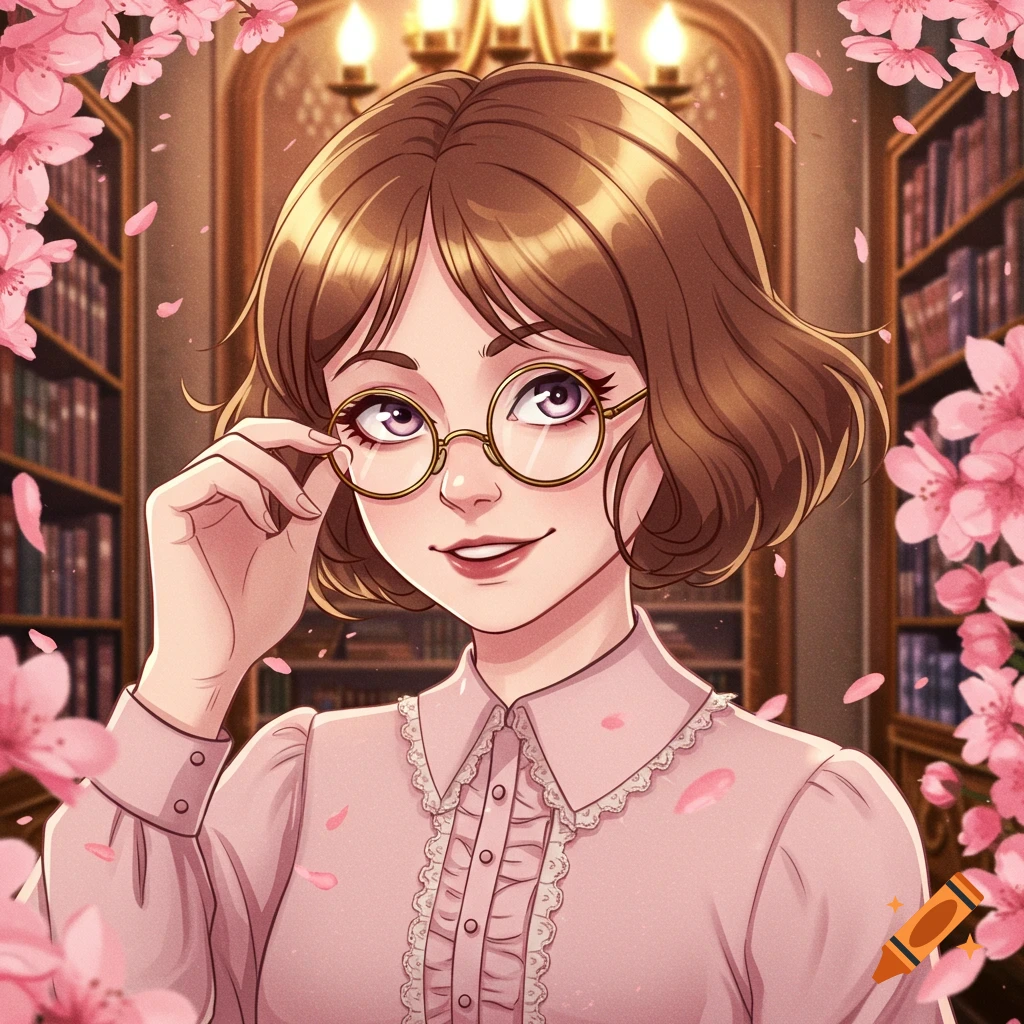 Anime portrait of a young woman with short brown hair and glasses, smiling in a library with pink cherry blossoms.