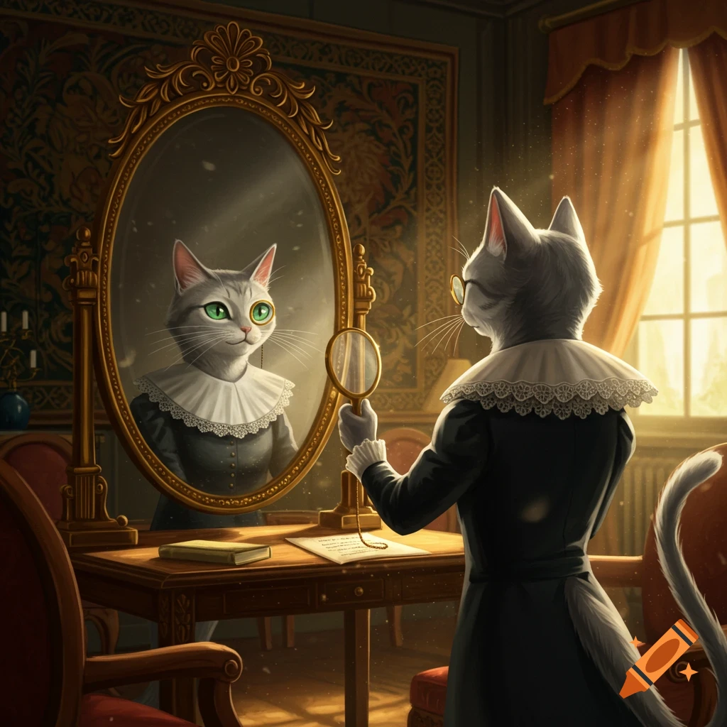 An anthropomorphic gray cat in a ruffled collar dress looks into an ornate mirror, holding a magnifying glass, in a grand room.