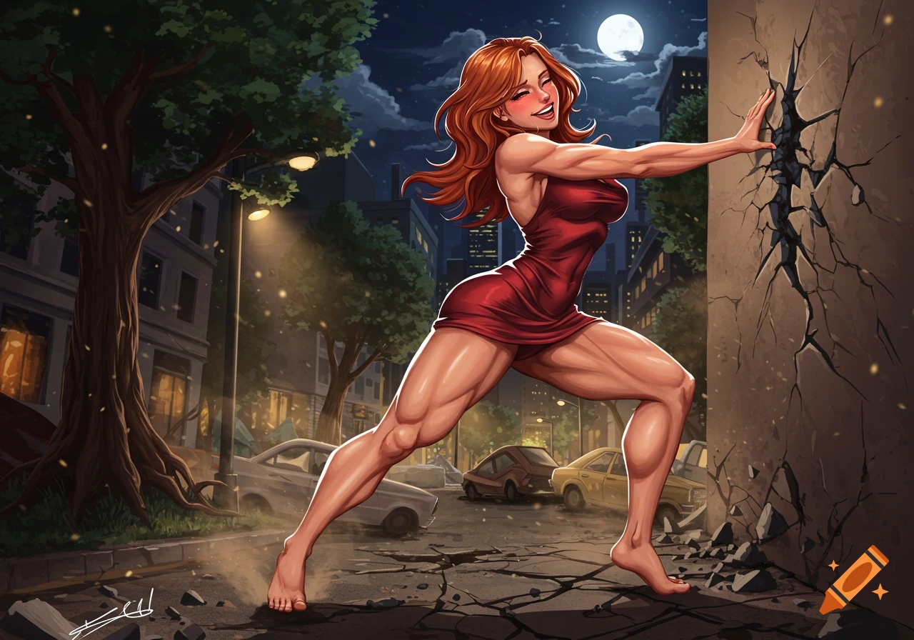 A muscular, red-haired woman in a red dress pushes against a cracking wall on a destroyed city street at night, with full moon overhead.