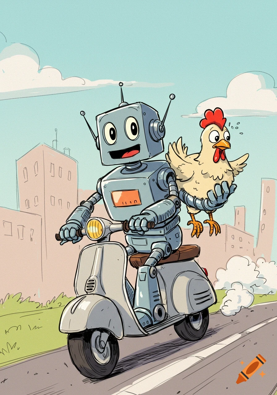 A 1990s cartoon robot riding a scooter and holding a surprised chicken in its hand.