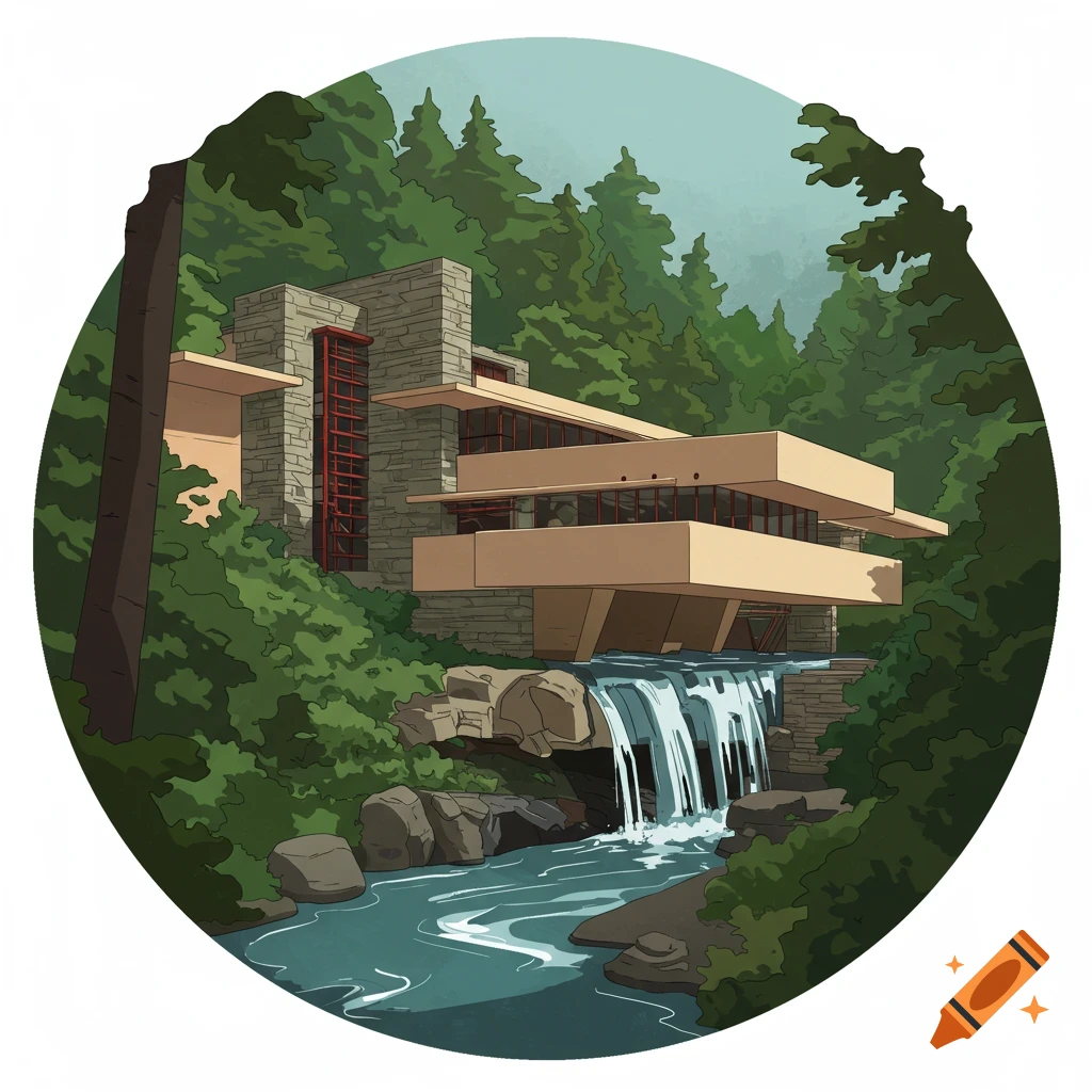 An illustrated icon of Frank Lloyd Wright's Fallingwater house, set amidst lush green trees and a waterfall, in a round frame.