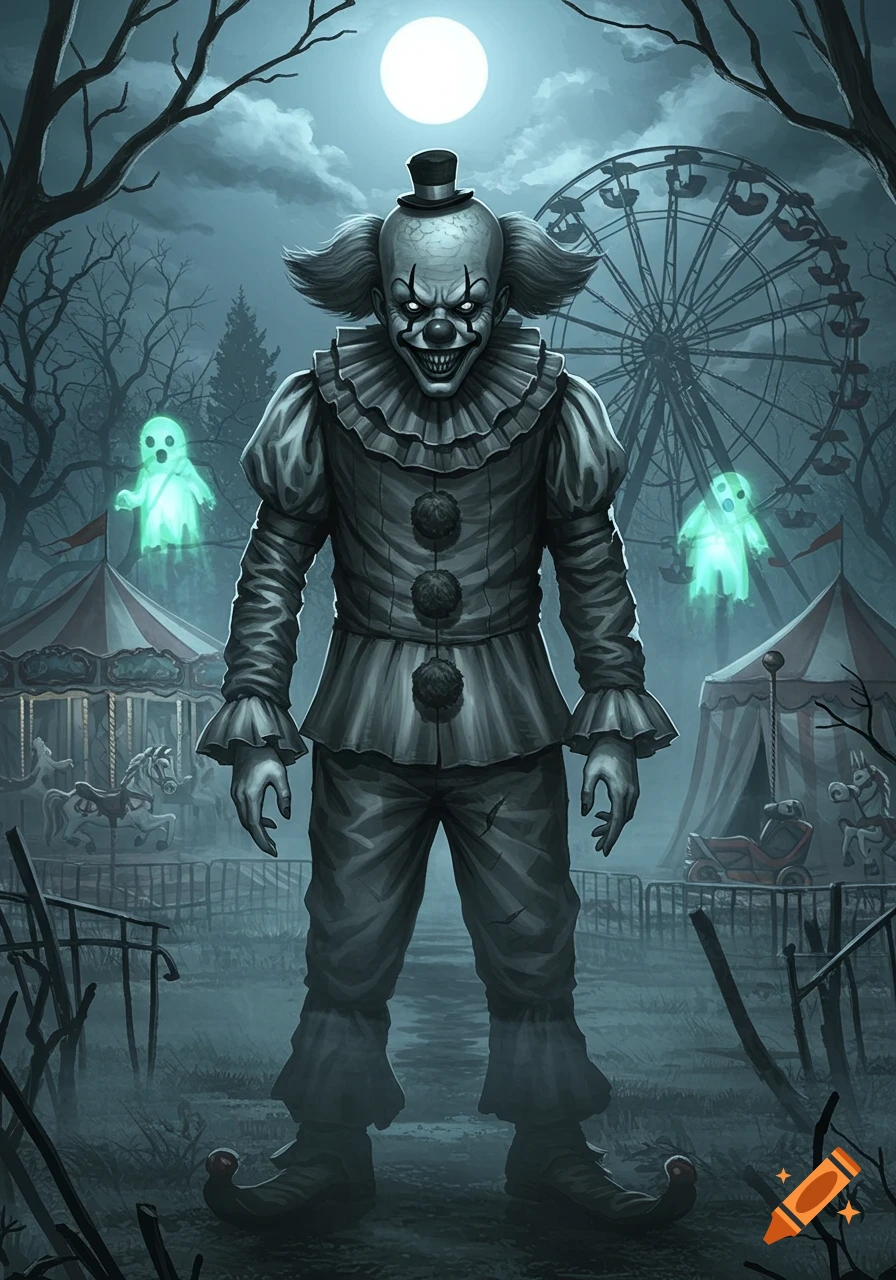 A scary clown stands in a dark, abandoned carnival with glowing ghosts, a Ferris wheel, and a carousel under a full moon.