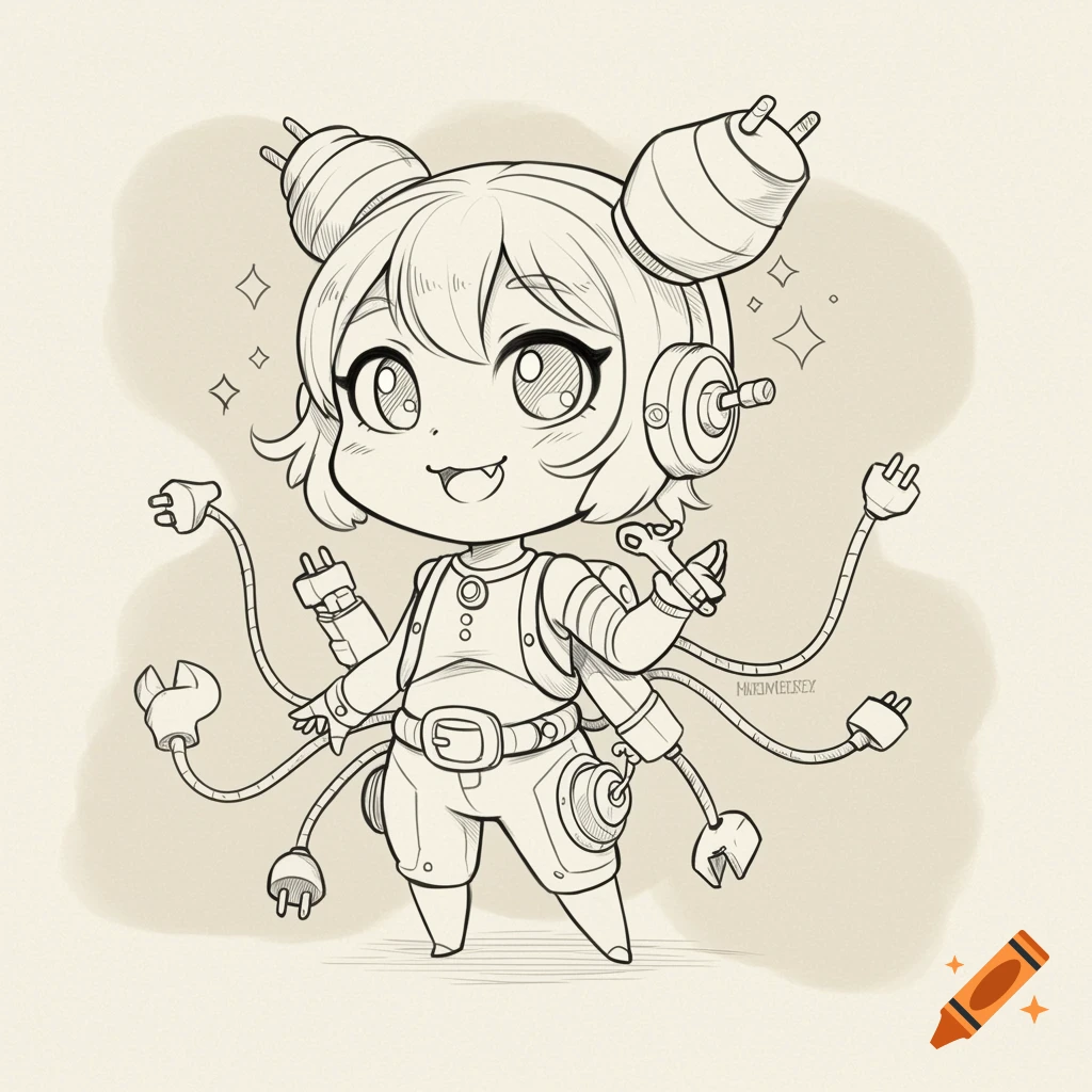 A cute chibi anime character with plug-ended limbs and plug hair buns, depicted in line art.