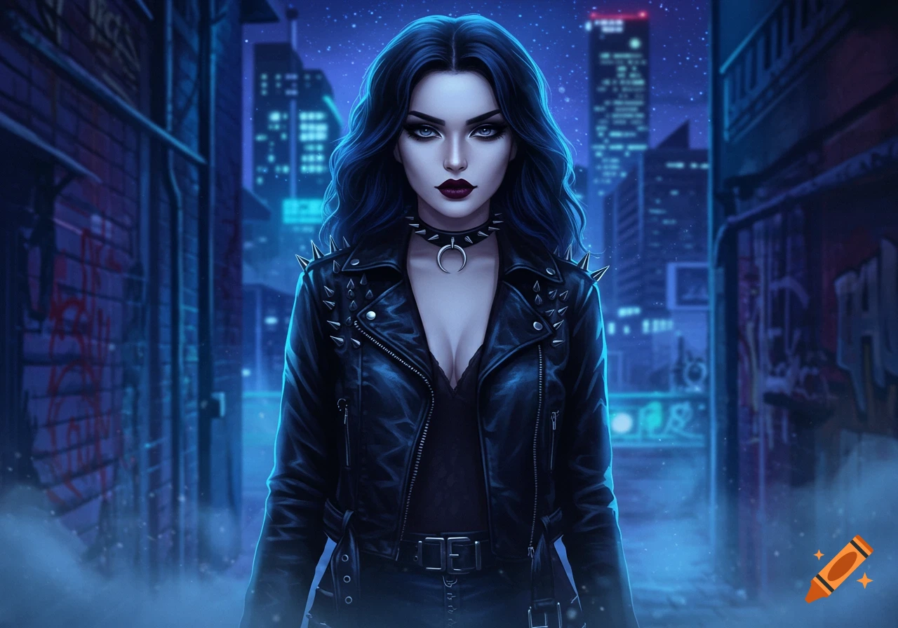 A gothic woman with dark blue hair and a spiked leather jacket stands in a dark urban alley at night, illuminated by blue light.