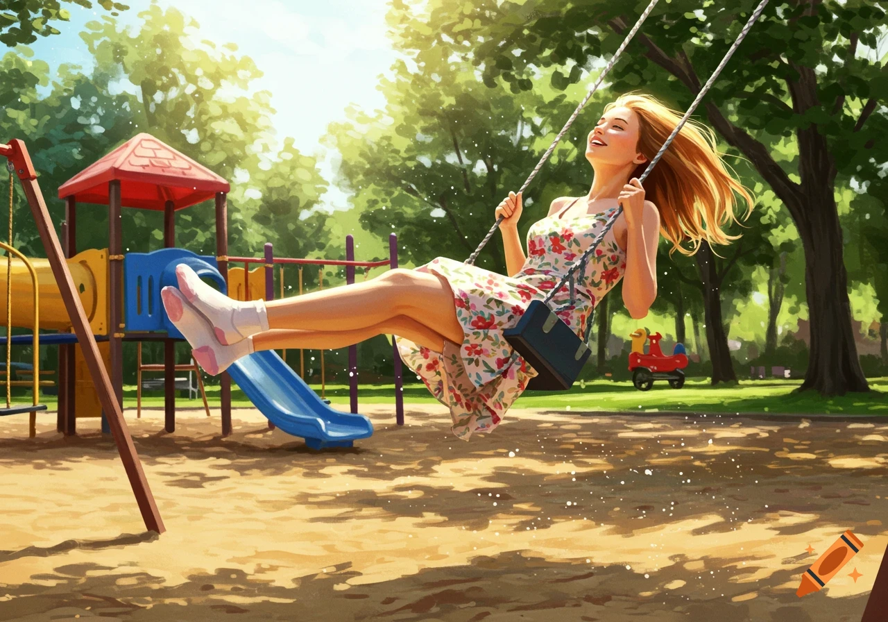 A smiling woman in a floral dress swings high on a sunny playground, with white socks visible.