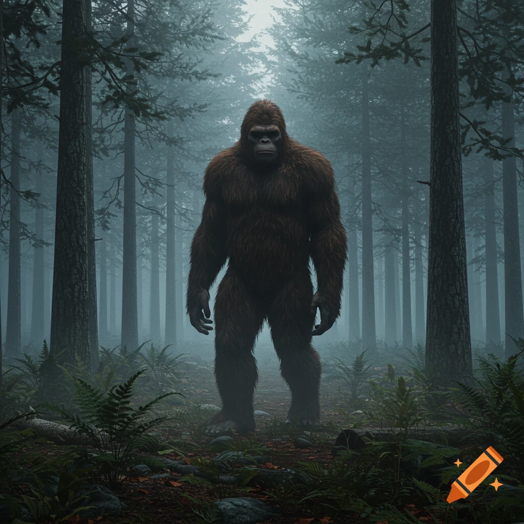Photorealistic image of Bigfoot standing in a dense, foggy forest.