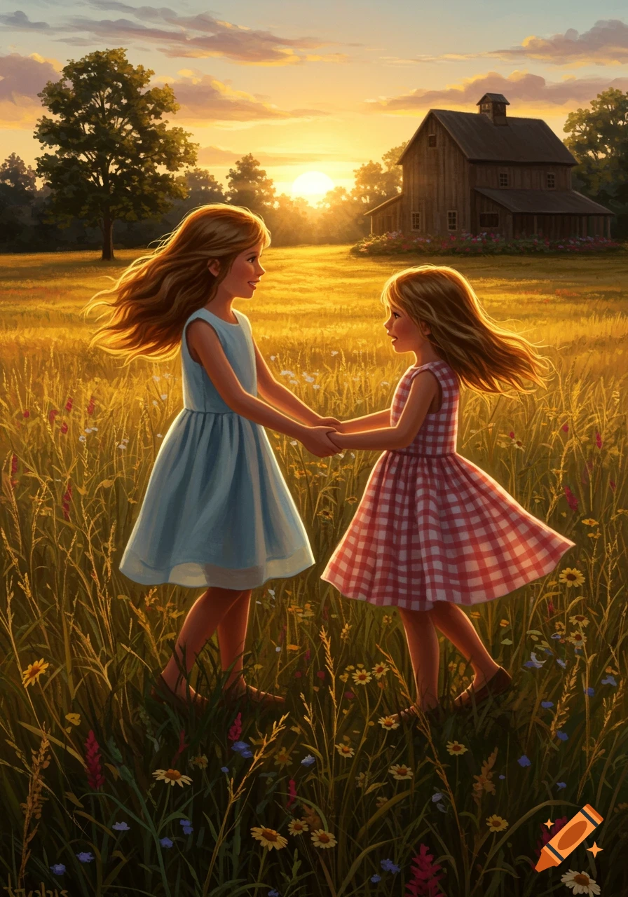 Two young girls in dresses hold hands in a golden field at sunset, with a barn and trees in the background. Painterly style.