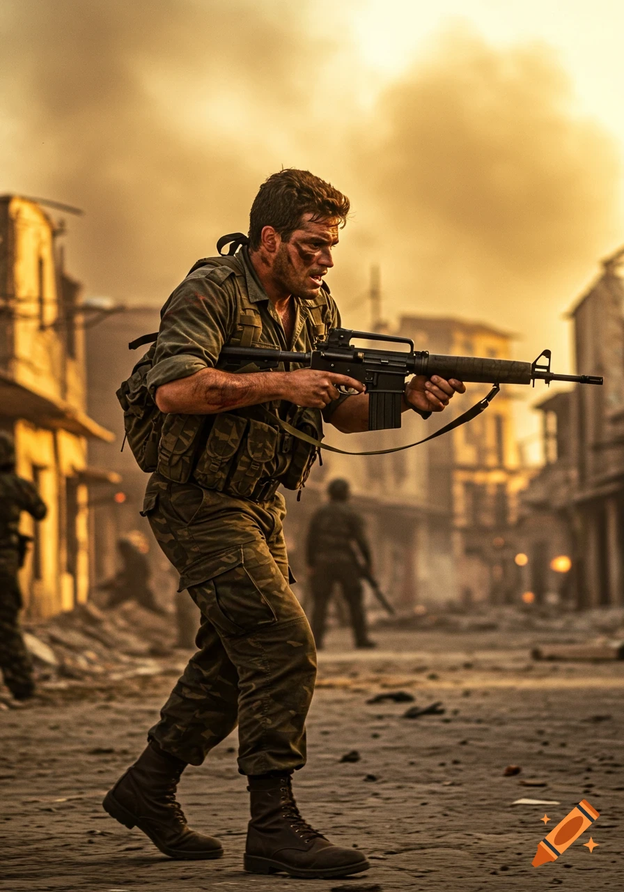 A determined soldier in camouflage, holding a rifle, advances through a smoke-filled, war-torn city street. Photorealistic style.