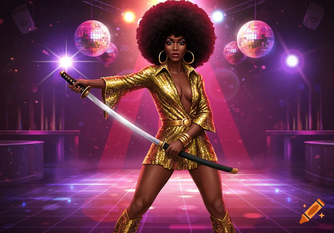 A digitally illustrated black woman with an afro, wearing a gold sequin disco dress, holding a katana in a disco club.