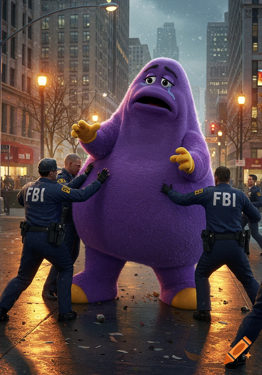 A sad, crying Grimace, the purple McDonald's mascot, being tackled by two FBI agents on a snowy city street.