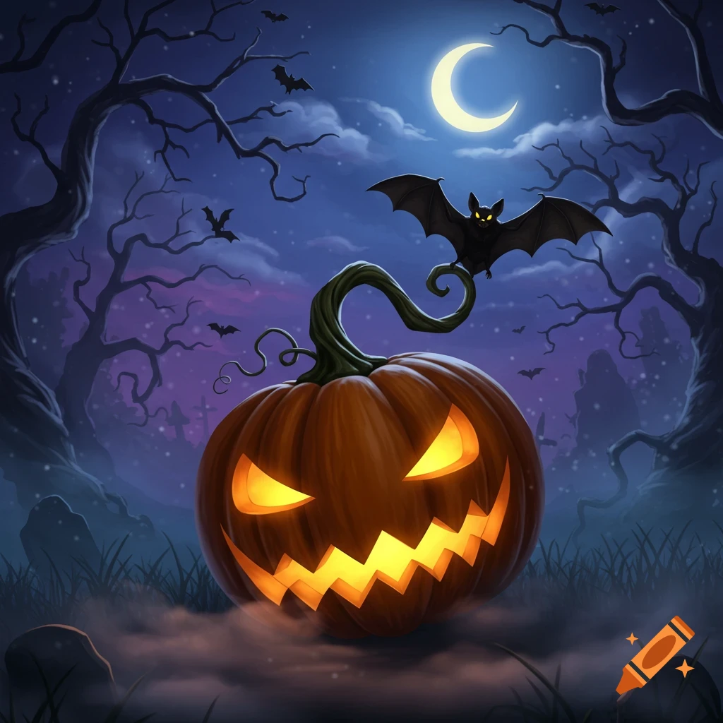 A glowing jack-o'-lantern with a crooked stem and a bat on top, set against a spooky moonlit night with bare trees and flying bats.