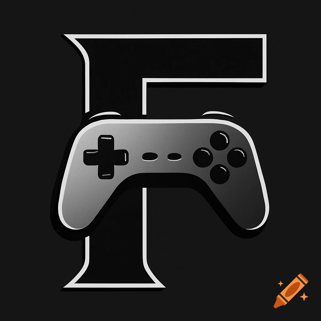A black and white logo featuring the letter F stylized with a silver video game controller as its crossbars.