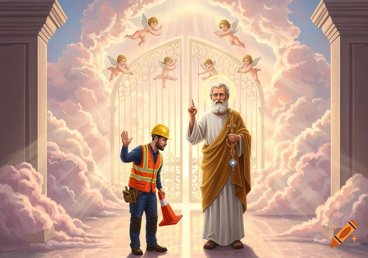A construction worker with a safety cone stands before the pearly gates, while Saint Peter makes a gesture, surrounded by cherubs and clouds.
