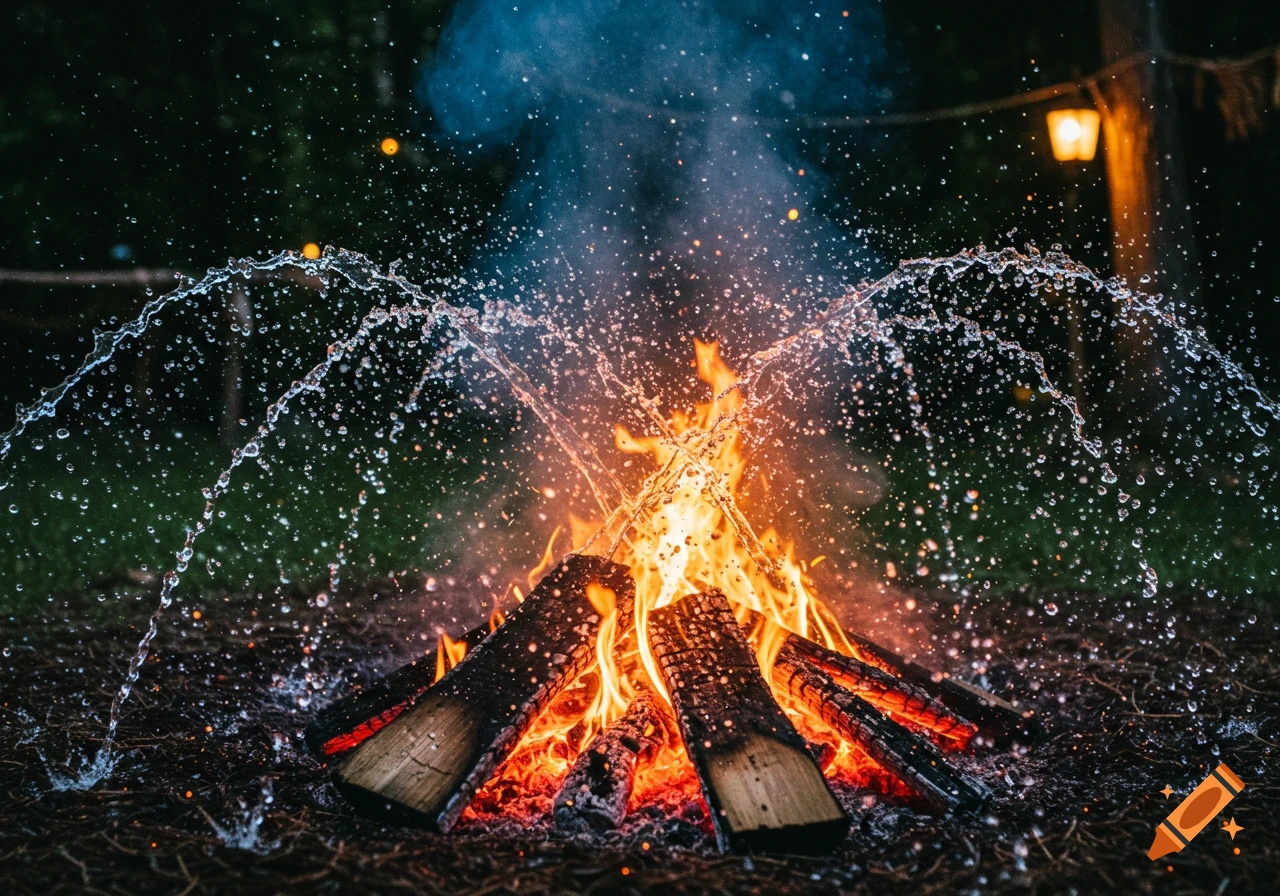 Water splashes dramatically into a roaring campfire at night, creating steam and sparks.