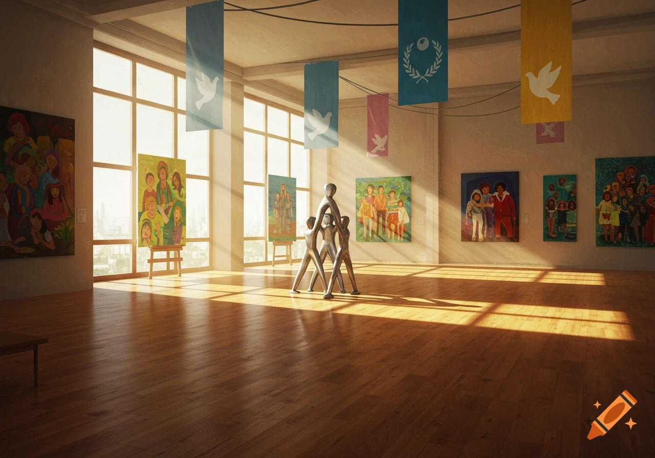 An empty art gallery with sunlight streaming through large windows, featuring colorful paintings on walls, a silver abstract sculpture, and banners with peace symbols.