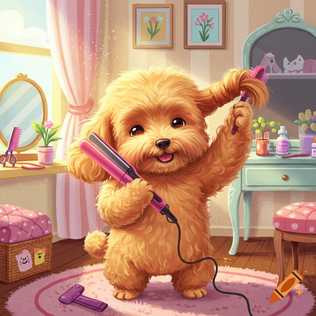A cute, fluffy dog smiles while holding a pink curling iron and brushing its hair in a whimsical, cartoonish bathroom.