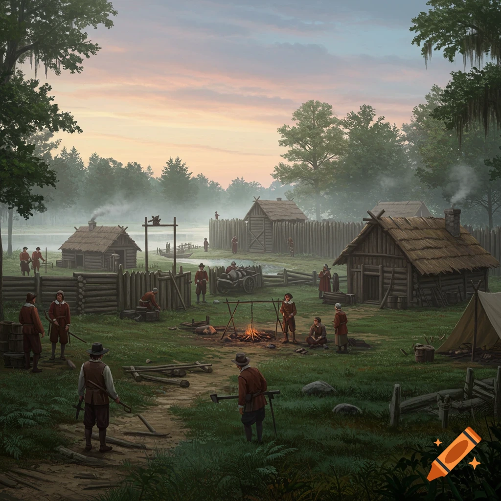 Illustrated colonial settlement at dawn with log cabins, a fort, people by a campfire, and a lake.
