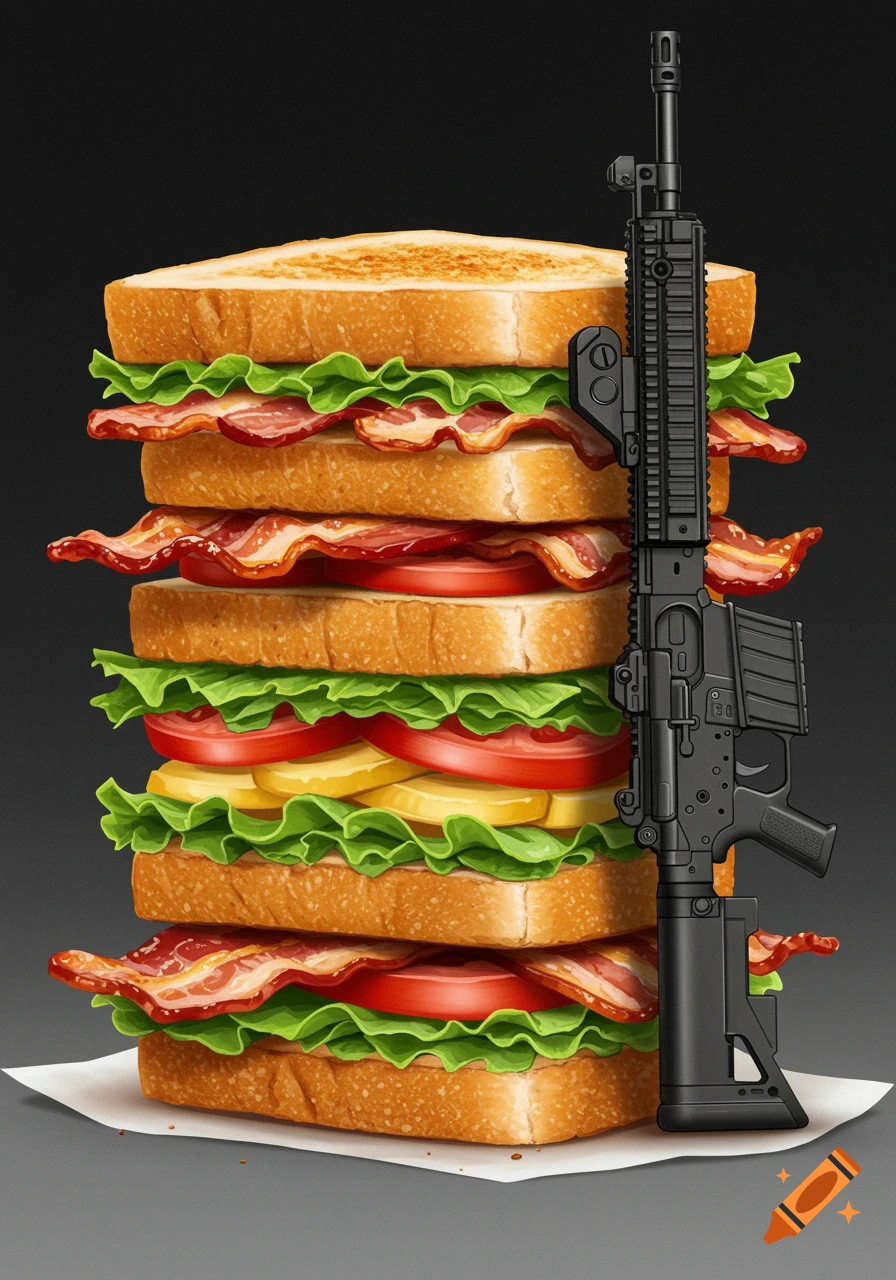 A tall, layered BLT sandwich stands next to a detailed black assault rifle in an illustrative style.