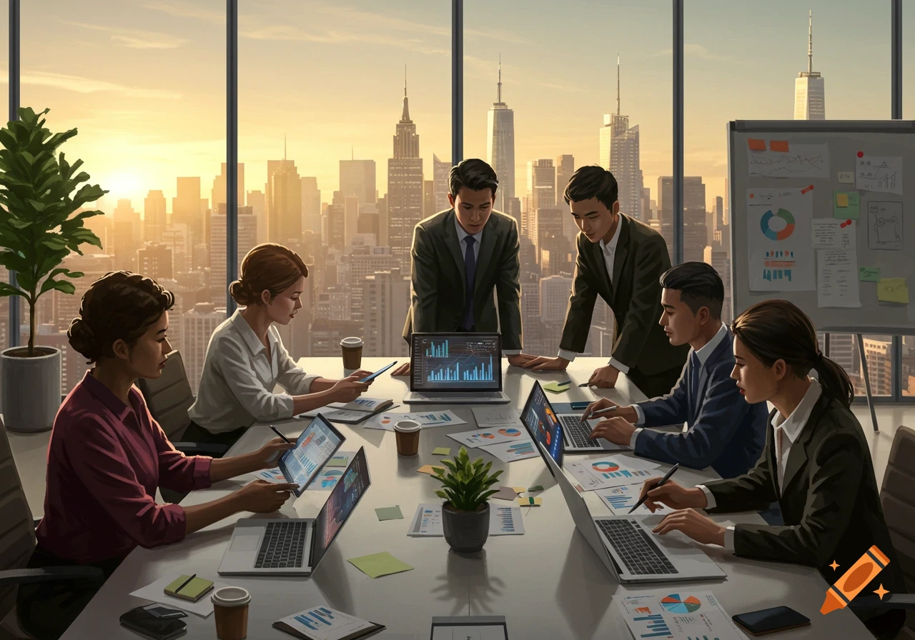 A group of professionals in a meeting room with a city skyline at sunset. They are seated around a table with laptops, papers, and coffee cups.