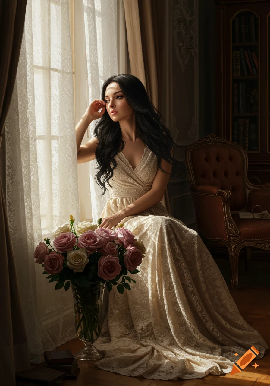 A woman with long dark hair in a cream dress sits by a sunlit window with a vase of pink and white roses.