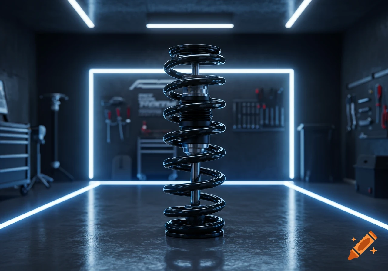 Photorealistic image of a black car suspension spring standing upright in a dark, neon-lit garage.