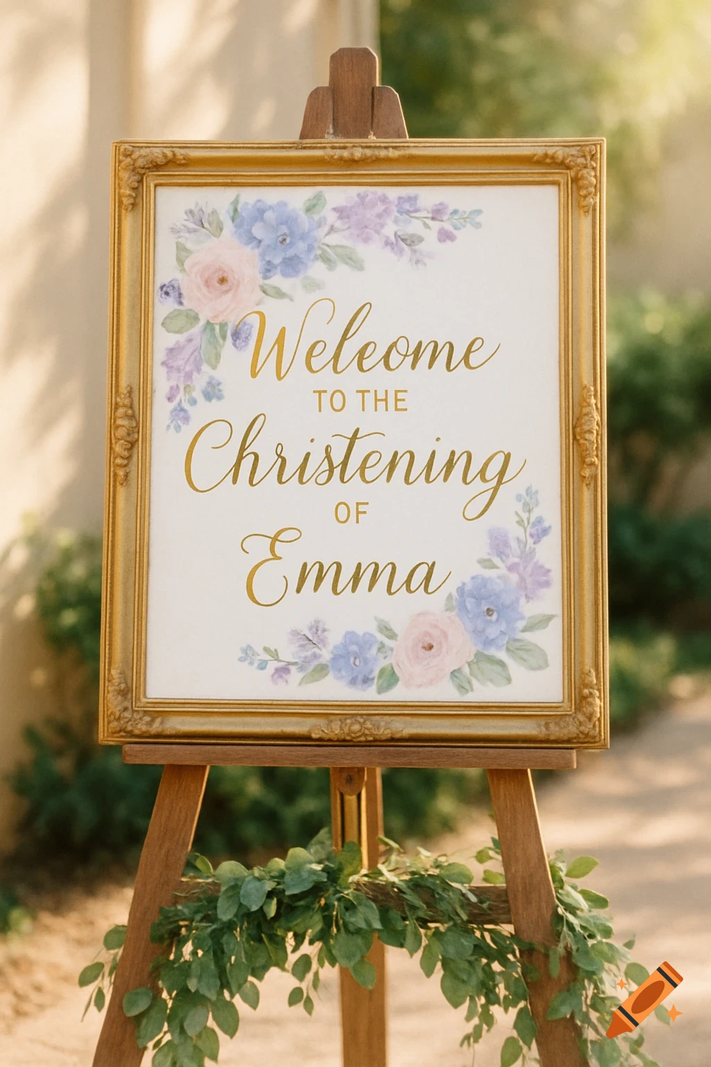 Gold-framed welcome sign on an easel, adorned with watercolor flowers and greenery, displaying 'Welcome to the Christening of Emma'.
