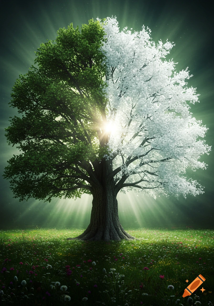 A majestic tree with its left half covered in vibrant green leaves and its right half in white blossoms, bathed in bright, ethereal light in a grassy field.