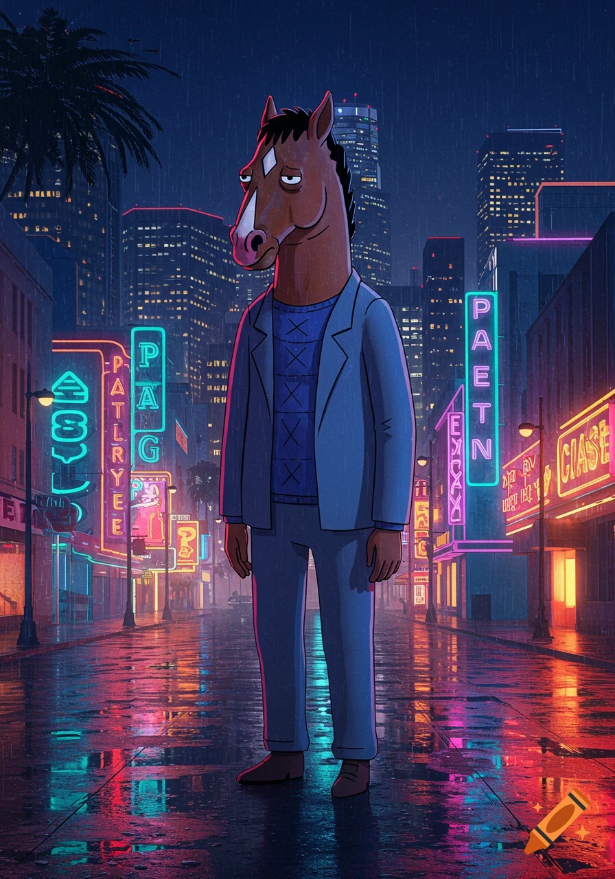 BoJack Horseman stands on a wet, neon-lit city street at night in a stylish, rainy urban scene.