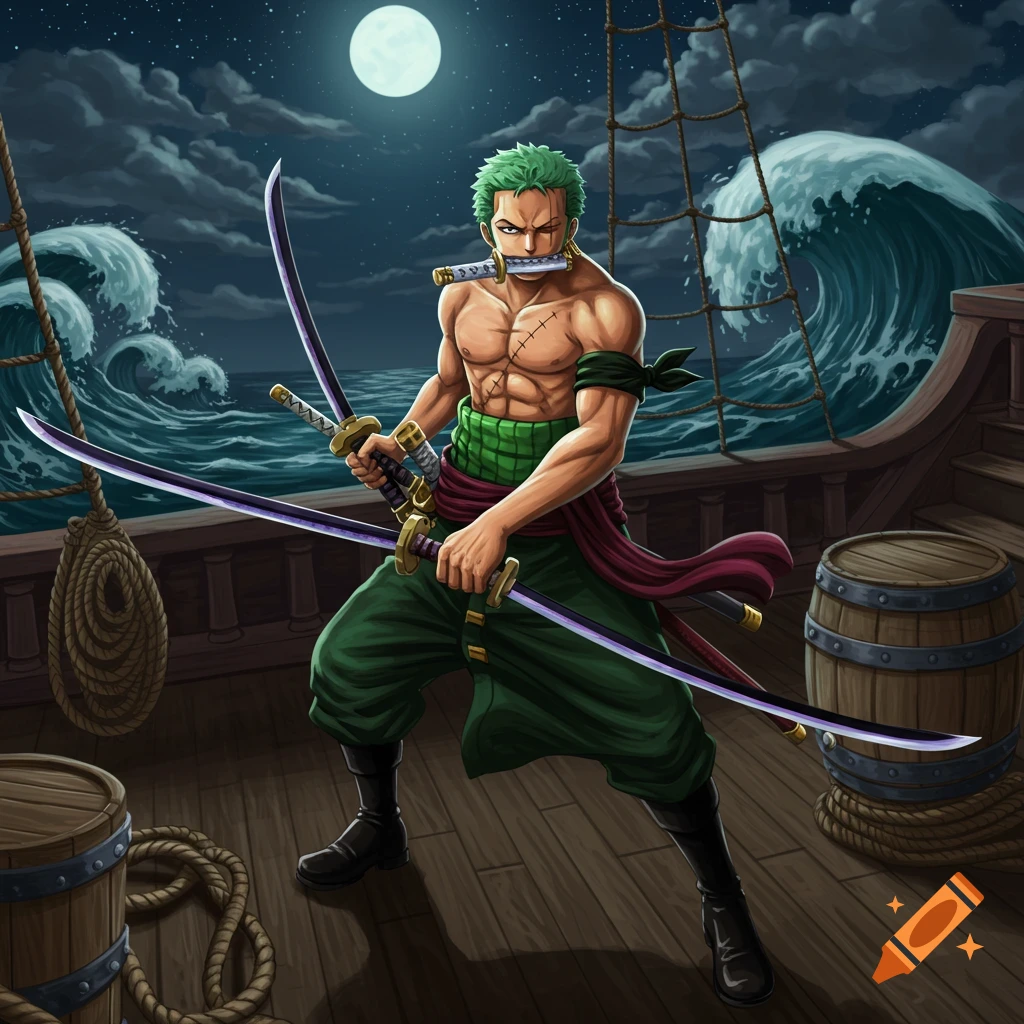 Roronoa Zoro from One Piece on a ship deck at night, holding three swords amidst large waves under a full moon.