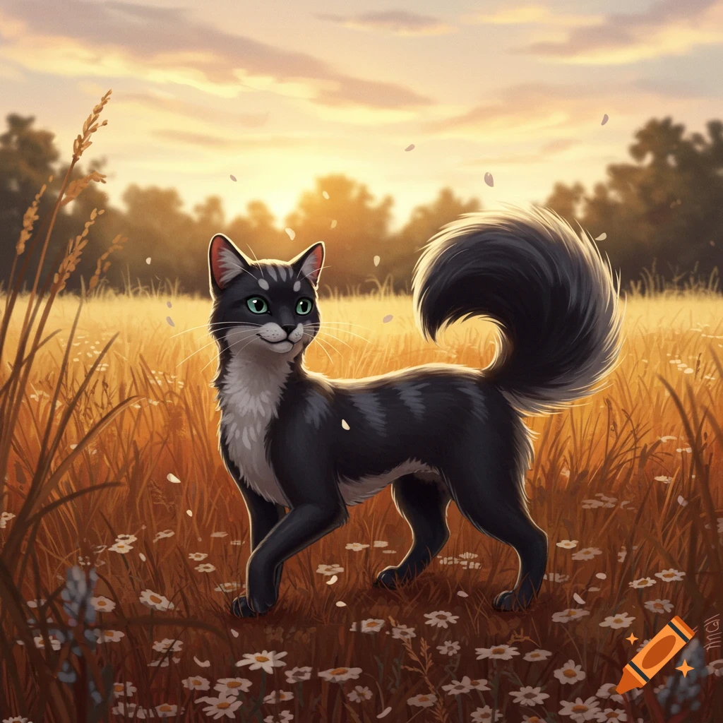 A stylized black and white cat with green eyes stands in a golden field with white flowers at sunset, looking right.