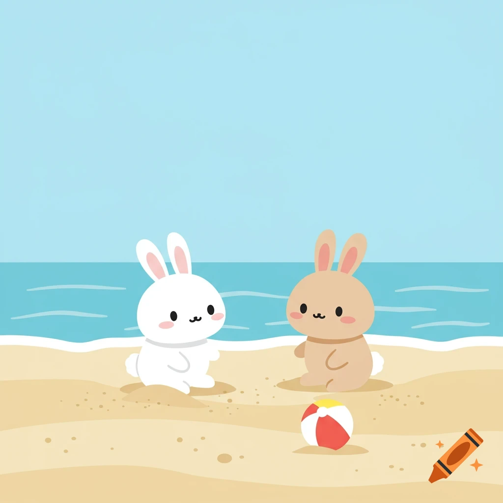 Two cute cartoon bunnies sit on a sandy beach by the blue ocean, with a beach ball nearby.