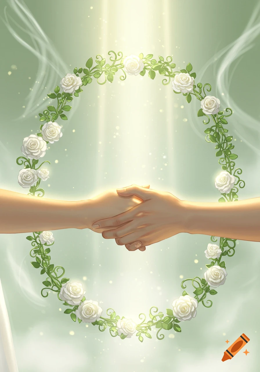 Two hands clasped together within a circular wreath of white roses and green vines, bathed in bright, ethereal light.