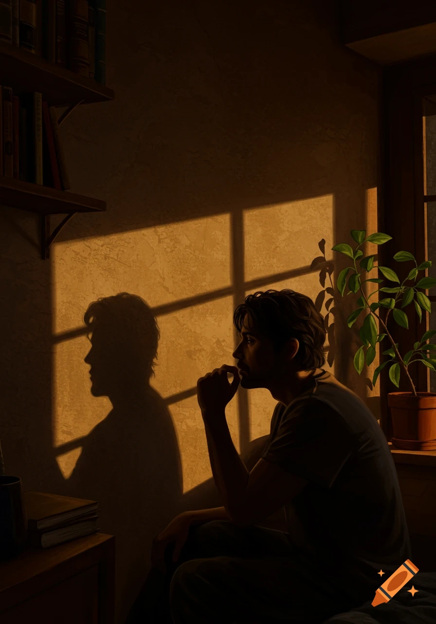 An illustration of a man sitting in a dimly lit room, looking thoughtful as sunlight streams through a window, casting its shadow on the wall.