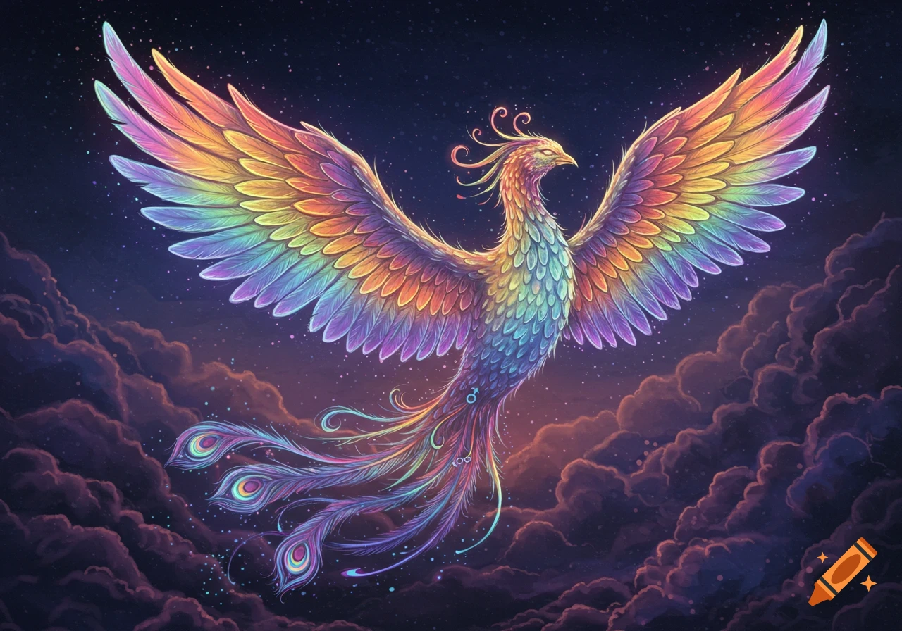 A vibrant rainbow-colored phoenix-like bird with outstretched wings flies through a starry night sky with purple clouds.