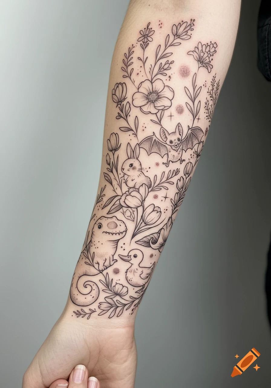A black and grey tattoo on an arm depicts a whimsical garden scene with a T-Rex, a bunny, a bat, a duckling, and various flowers.