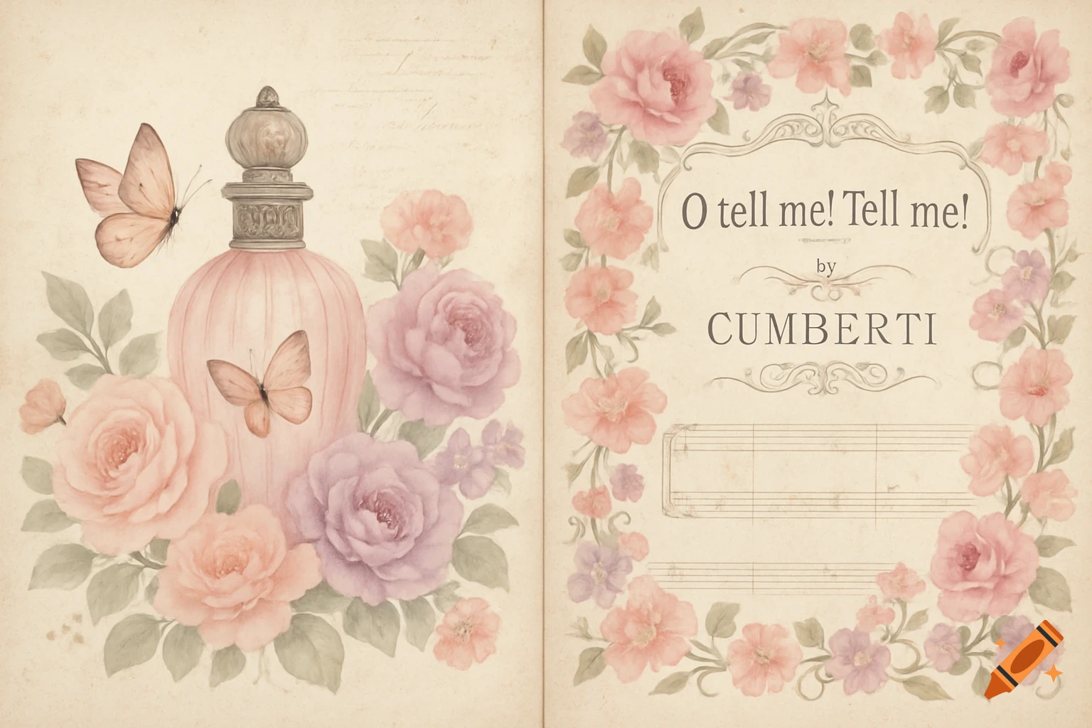 Vintage watercolor diptych of a perfume bottle, flowers, and butterflies on the left, and sheet music titled 'O tell me! Tell me!' with roses on the right.