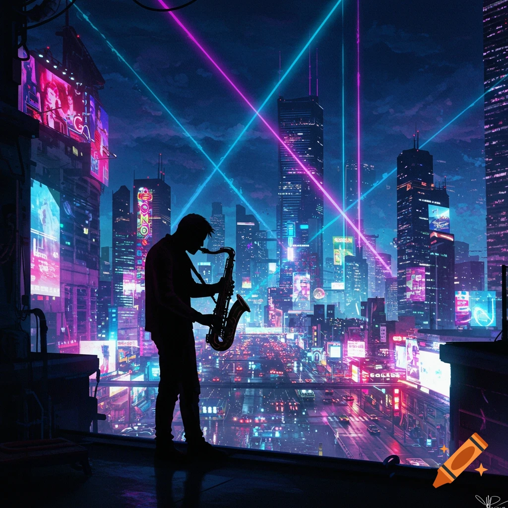 A silhouetted man plays a saxophone on a rooftop overlooking a vibrant, neon-lit cyberpunk city at night.
