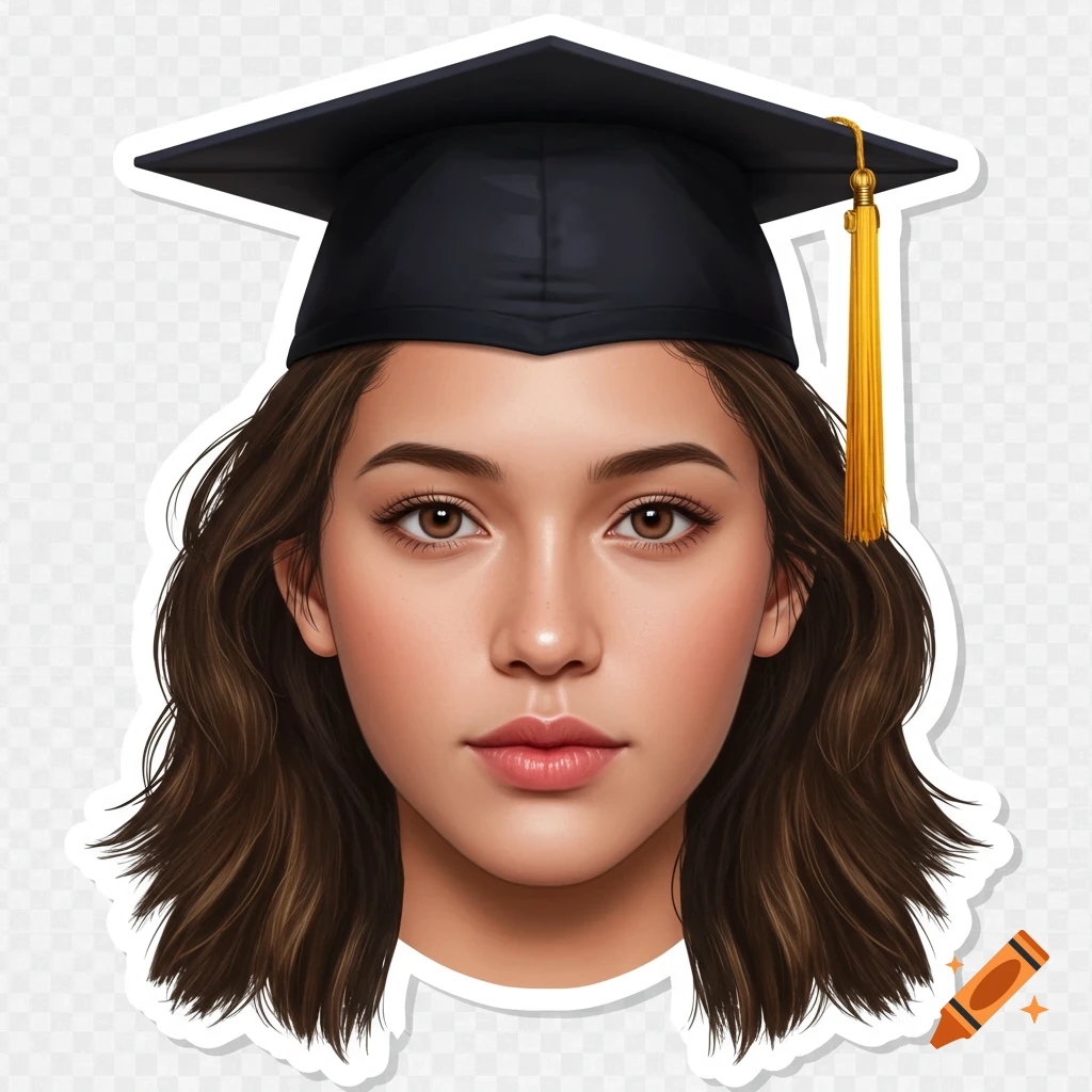 A detailed digital portrait of a young woman with brown hair wearing a black graduation cap, isolated as a sticker.