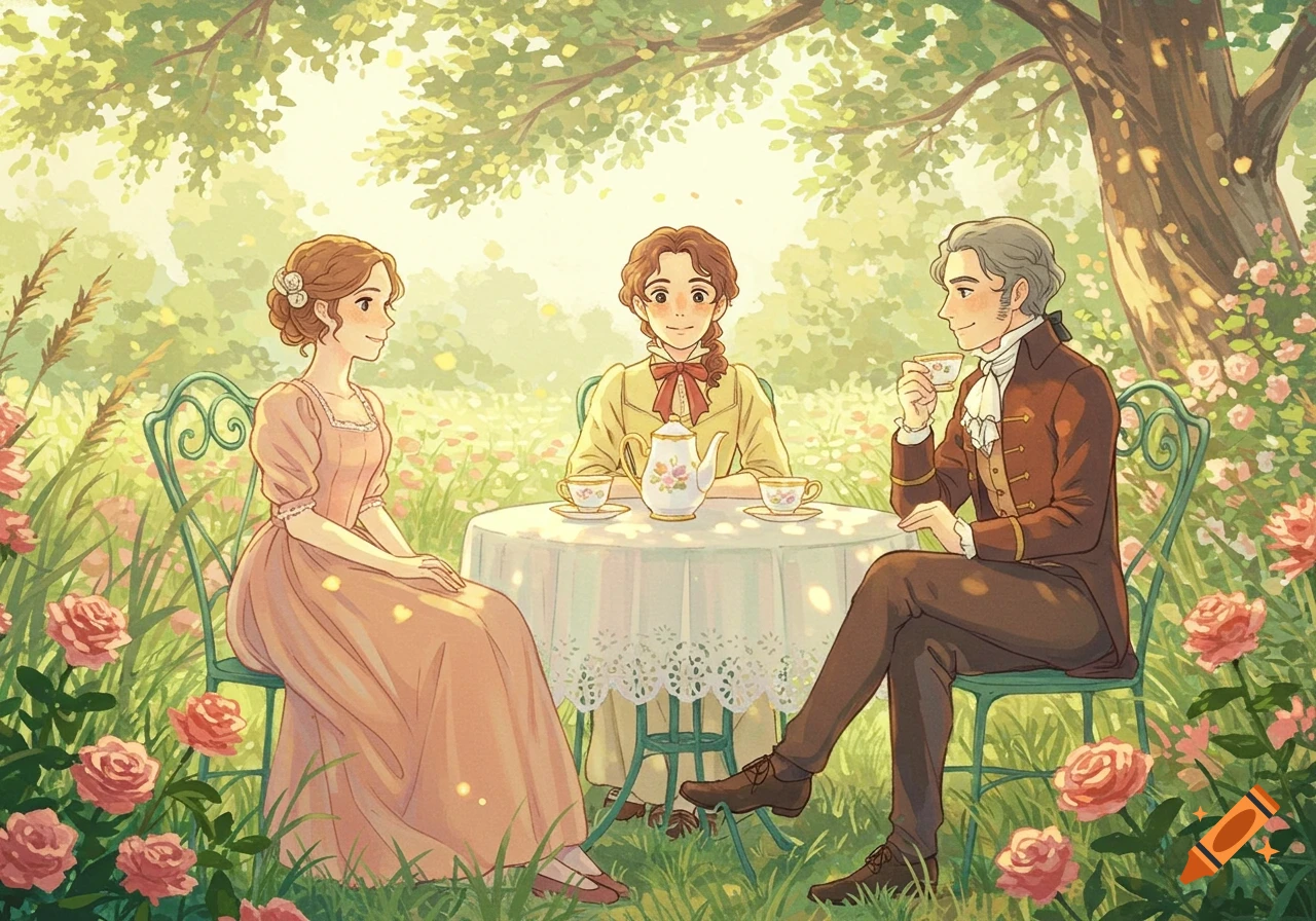 Three people in Regency-era attire have tea in a sunny rose garden, in Studio Ghibli anime style.