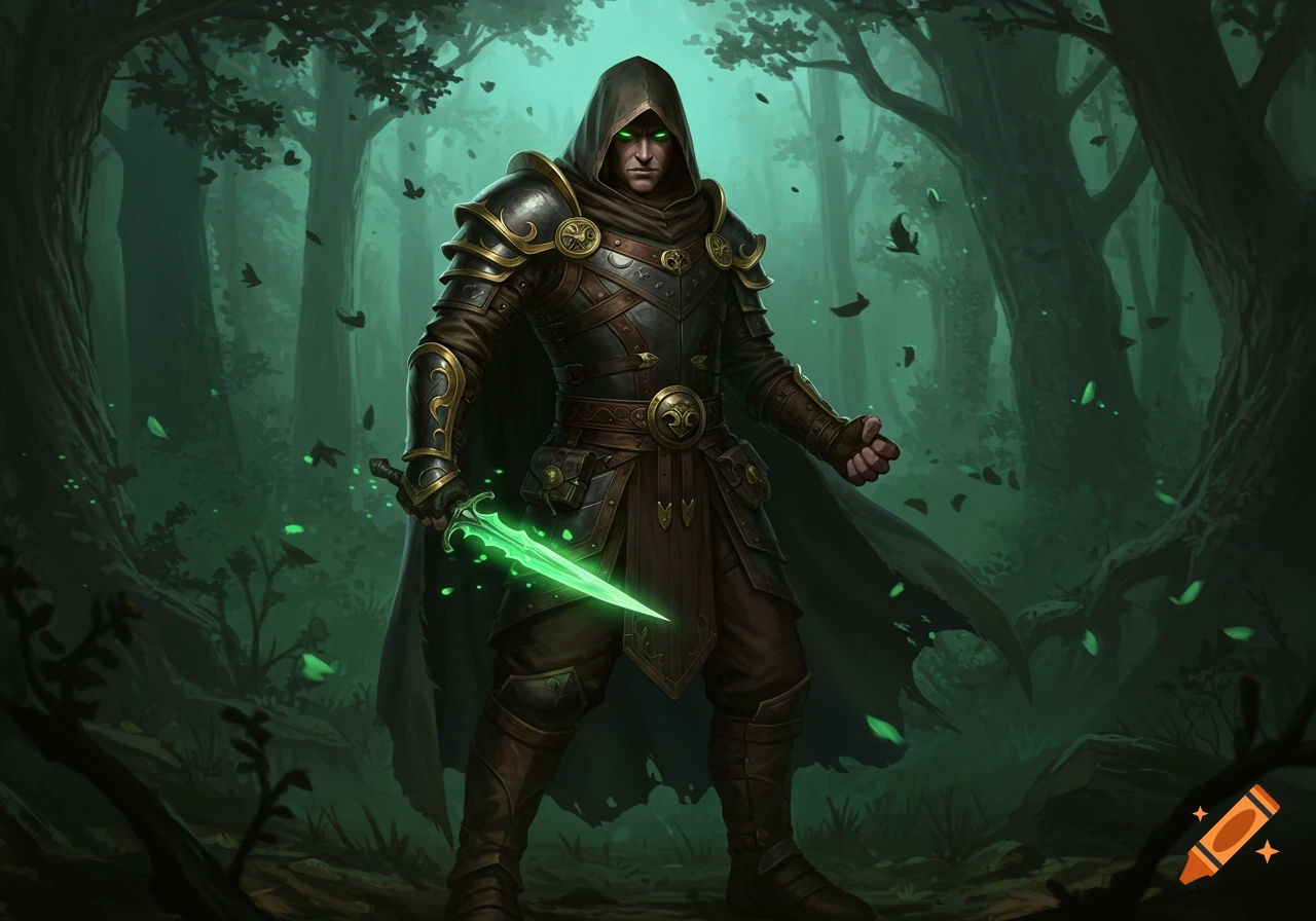 A hooded fantasy hero in black and brown leather armor with gold accents holds a glowing green dagger in a mystical, dark forest.