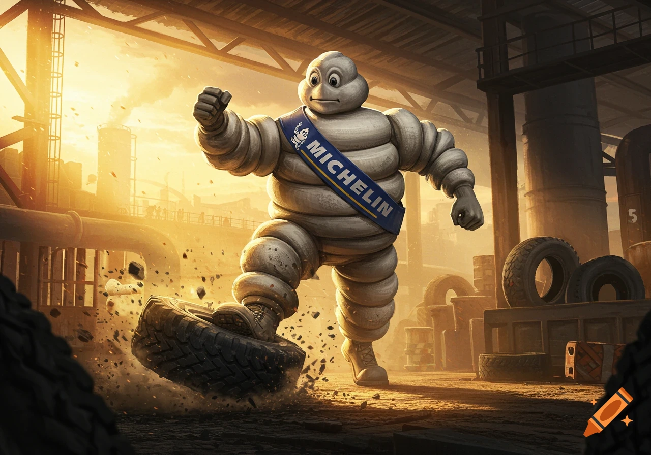 The Michelin Man stomps on a tire, surrounded by debris and other tires in an industrial setting at sunset.