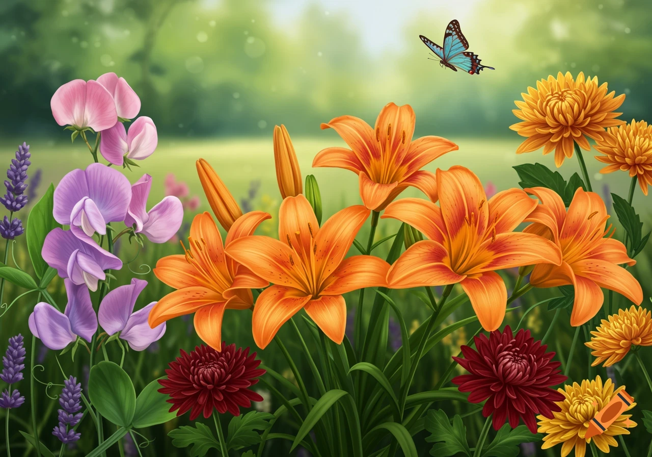 Vibrant digital painting of diverse flowers including orange lilies, sweet peas, chrysanthemums, and lavender, with a blue butterfly.